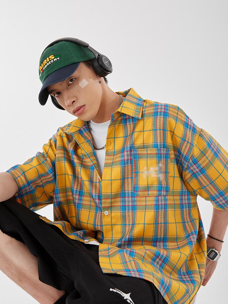 Maxct 90s Streetwear Fashion Retro Contrast Color Plaid Shirt Women's Summer New Letter Embroidered Design Casual Half Sleeve Coat Top