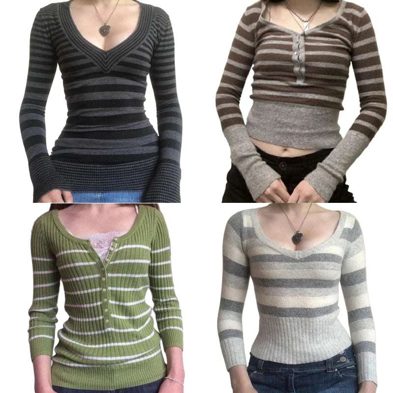 Maxct Preppy Retro Aesthetics Pullovers T-Shirt Fairycore Y2K Grunge Vintage Knitted Sweater Cutest V Neck Long Sleeve Stripe Jumper