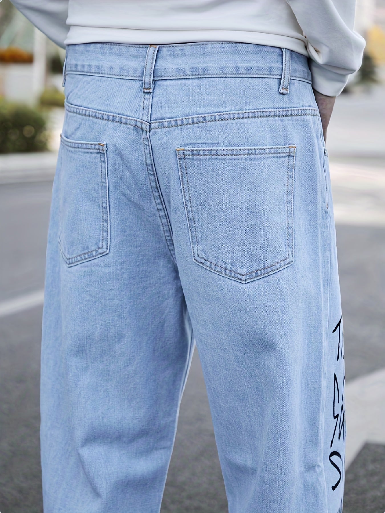 Maxct  Letter Print Loose Fit Jeans, Men's Casual Street Style Wide Leg Denim Pants For All Seasons