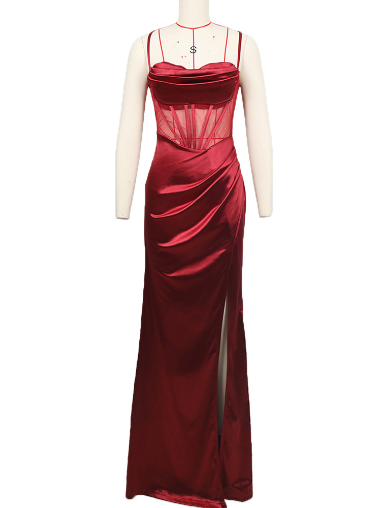 Maxct prom dresses Hot-Selling Solid Color Sling Hollow-out Back Lace-up Fishbone Waist Slit Pleated Dress