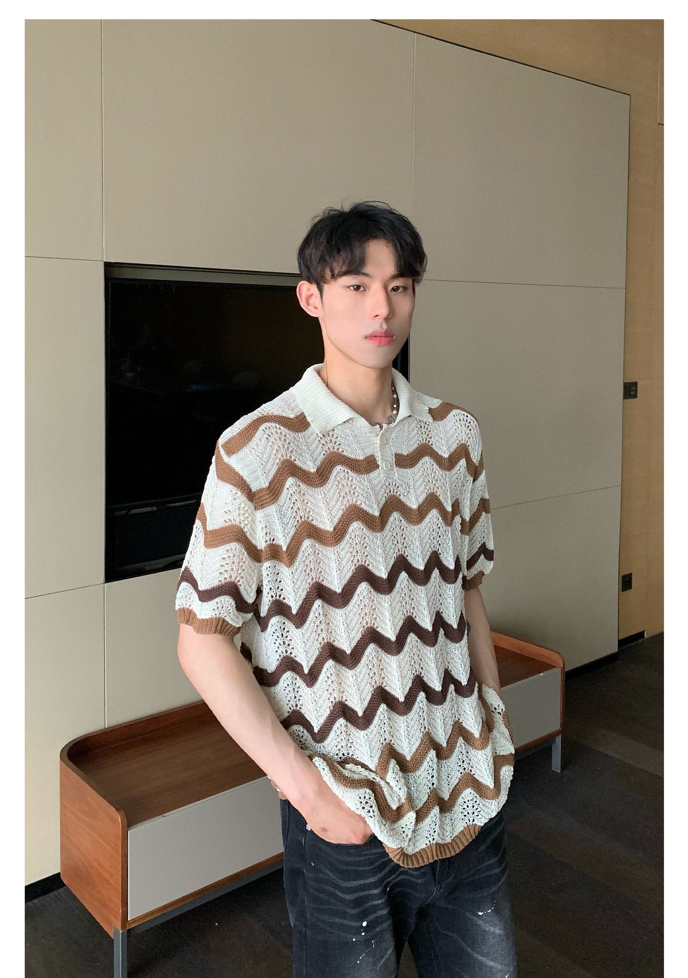 Maxct 90s Streetwear Korean Style Summer High-end Sense Hollow Color Stripe Lap Short-sleeved Niche Design POLO Shirt T-shirt Casual Top