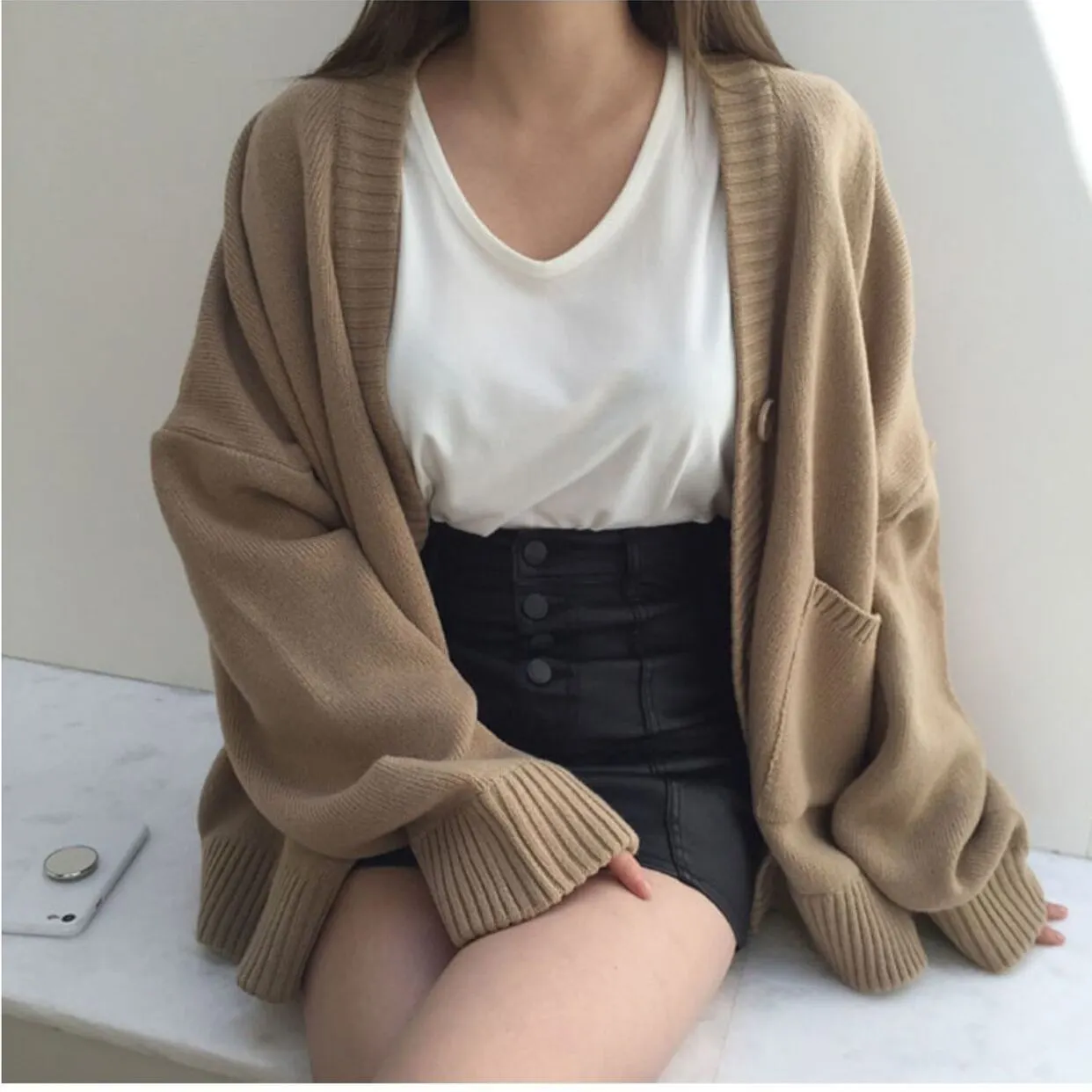 Maxct Solid Color Oversized Casual Knitted Cardigan