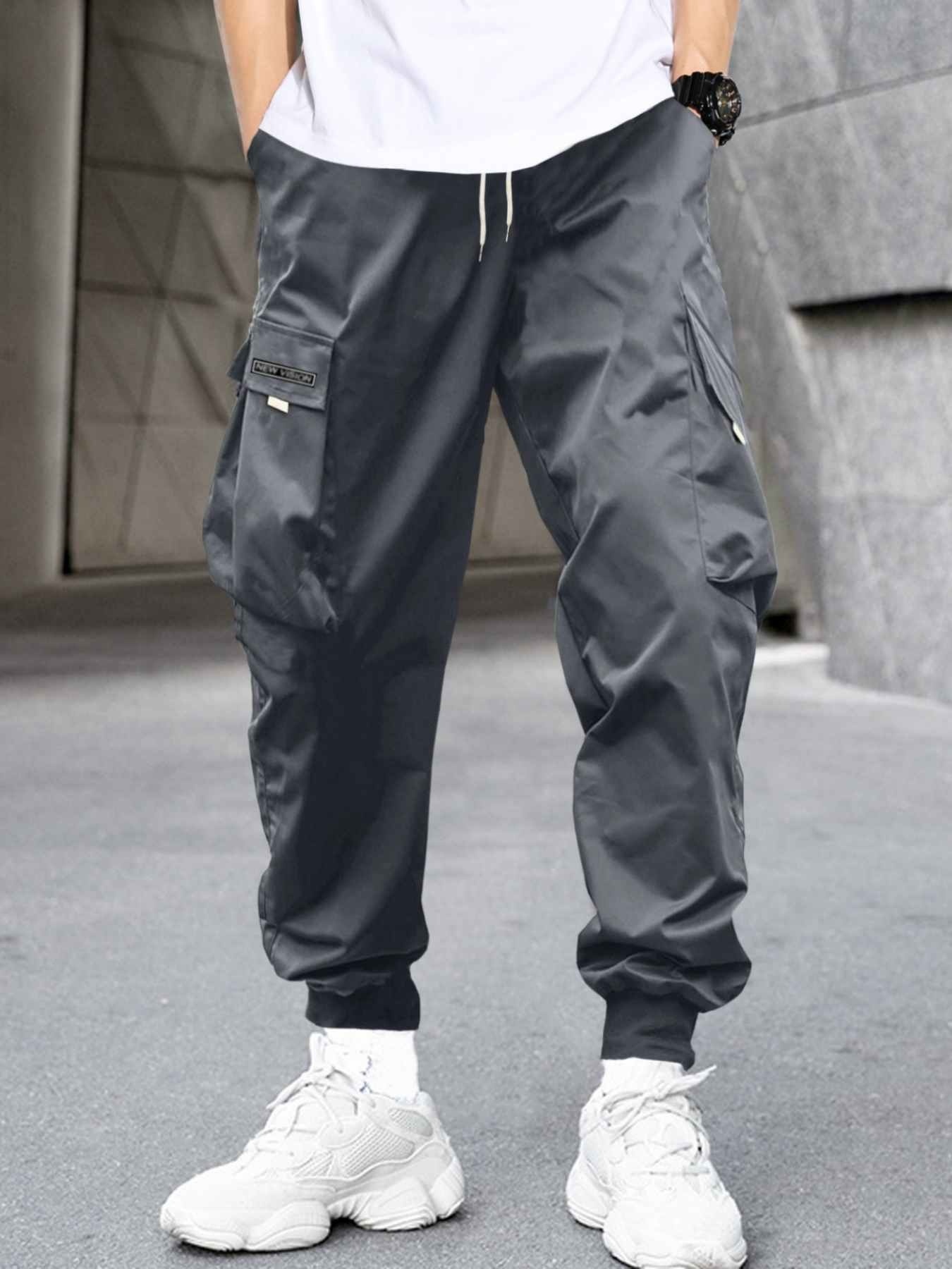 Men's Stylish Letter Graphic Cargo Pants with Flap Pockets - Drawstring Waist for Comfort