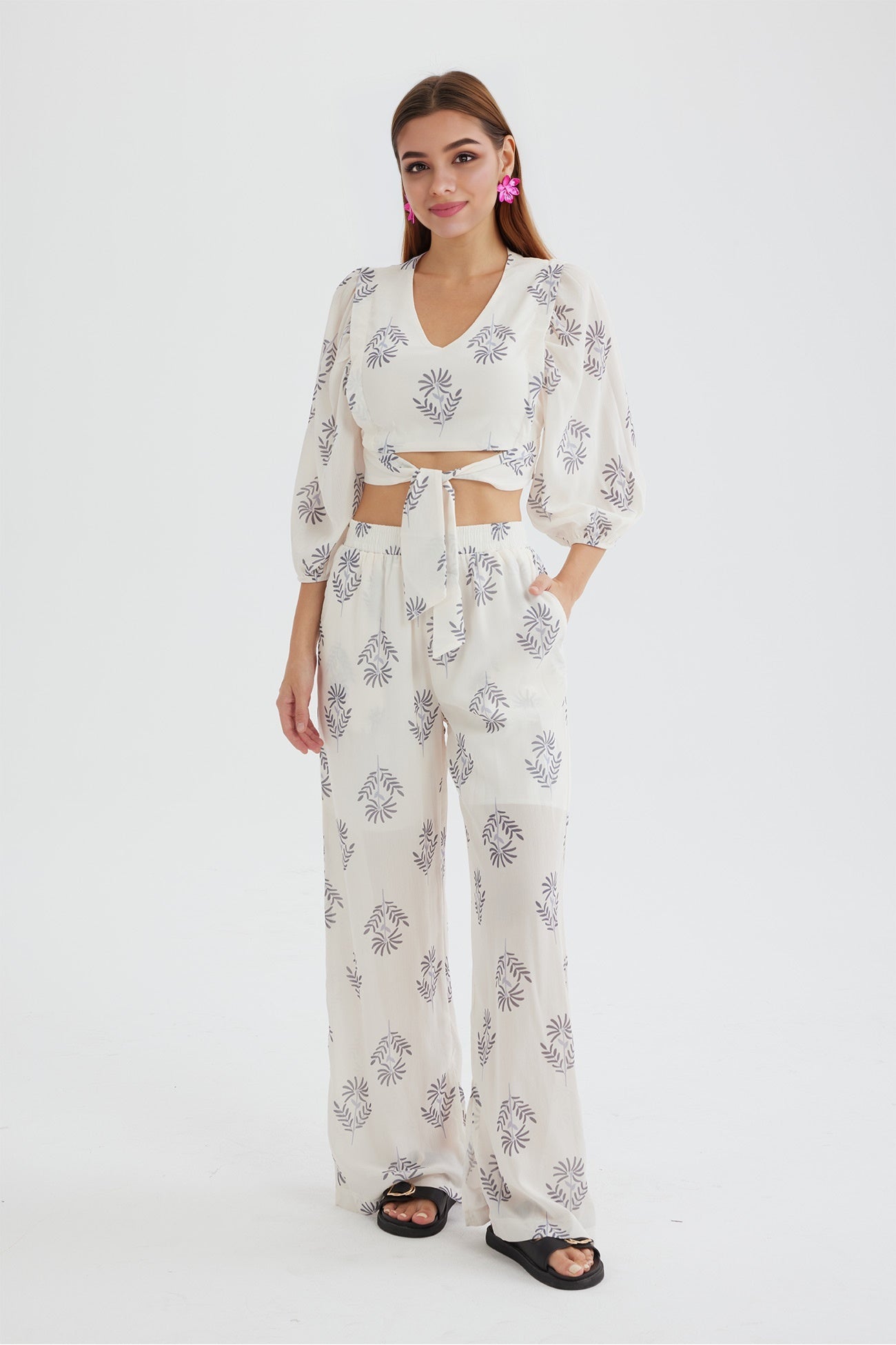 Maxct Floral Print Puff Sleeve Knotted-front Tops Long Pants Suits