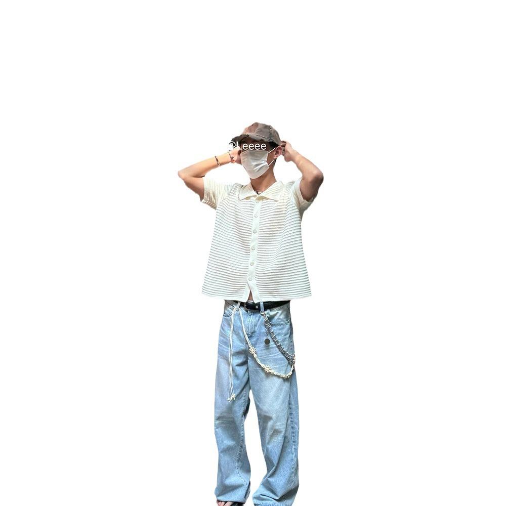 Maxct 90s Streetwear Niche Retro Hollow Shirt Boys Summer New Knitted Shirt Short-sleeved Old Money Style Wear Lapel Half-sleeved Top