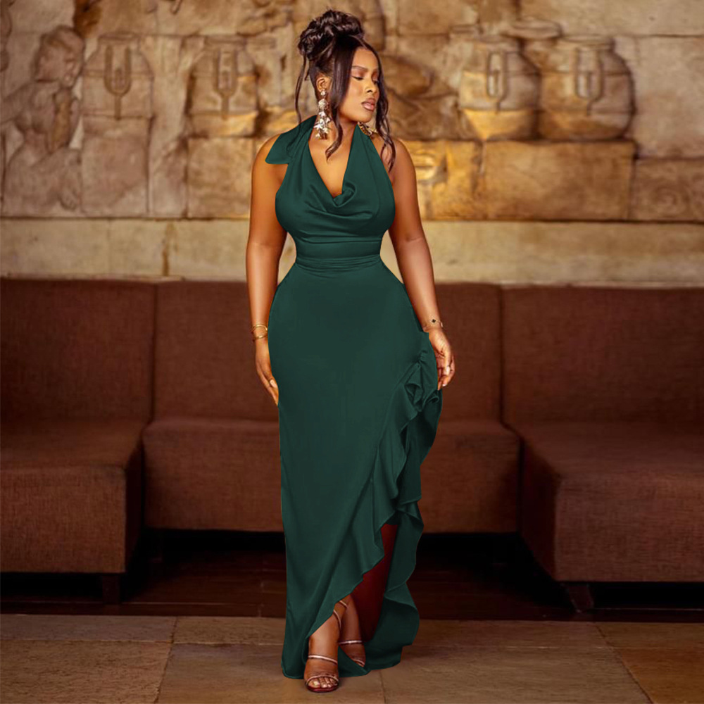 Maxct prom dresses K10440 Women's Swing Collar Halter Dress Sexy Backless Ruffles Dress - Image 3