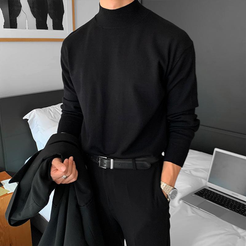 Maxct 90s Streetwear Autumn And Winter High-grade Semi-turtleneck Sweater Men's Korean-style Loose Casual Solid Color Middle Collar Knitted Base Shirt With Long Sleeves