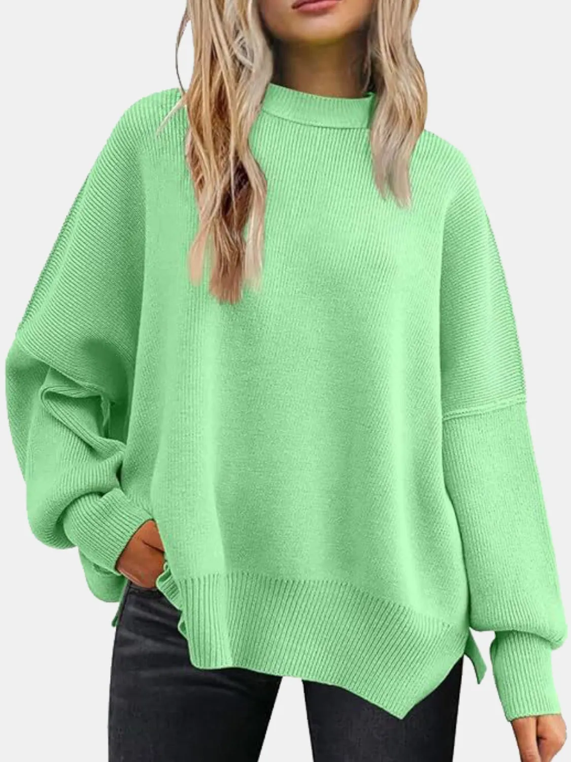 Maxct &Round Neck Drop Shoulder Slit Sweater