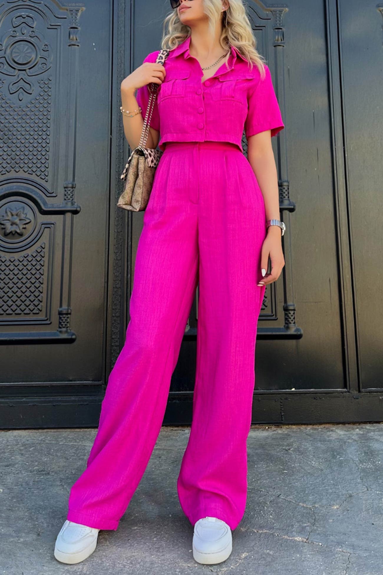 Maxct Solid Crop Blouse Long Pants Set