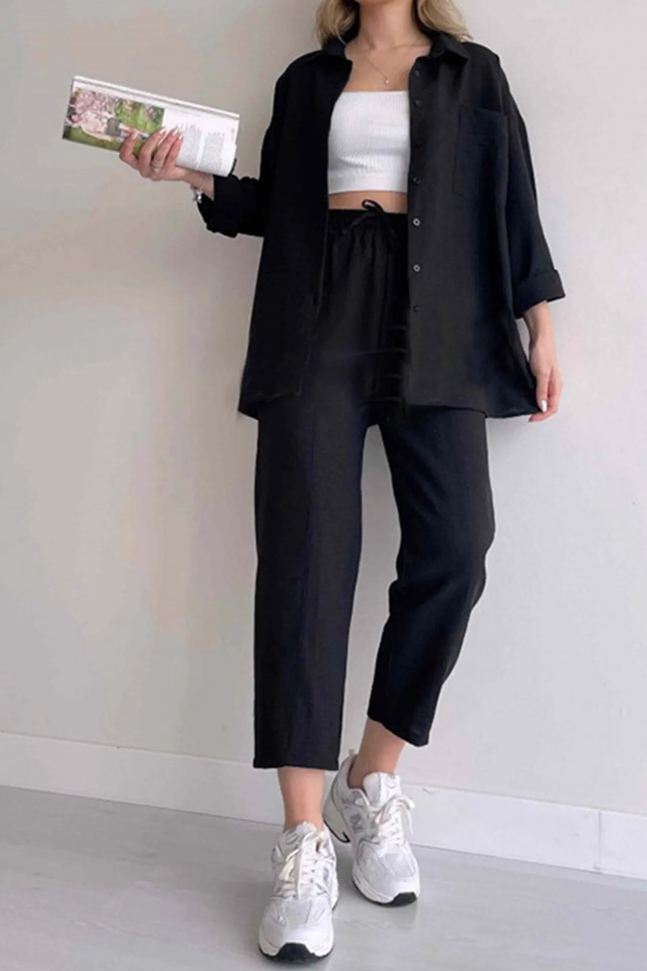 Maxct Long Sleeve Solid Color Shirt Long Pants Set - Image 39