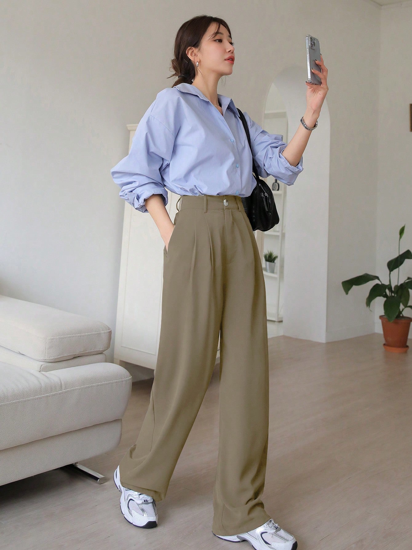 Maxct Women's Fashionable Simple Solid Color Regular Pants For Daily Wear