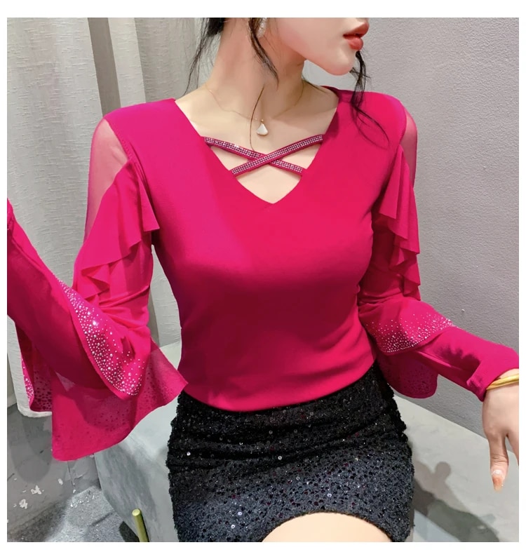 Maxct Spring Summer T-shirts Women V-neck Ruffles Long Sleeve Solid Mesh Elastic Tops Tees Female Fashion Diamonds T Shirt
