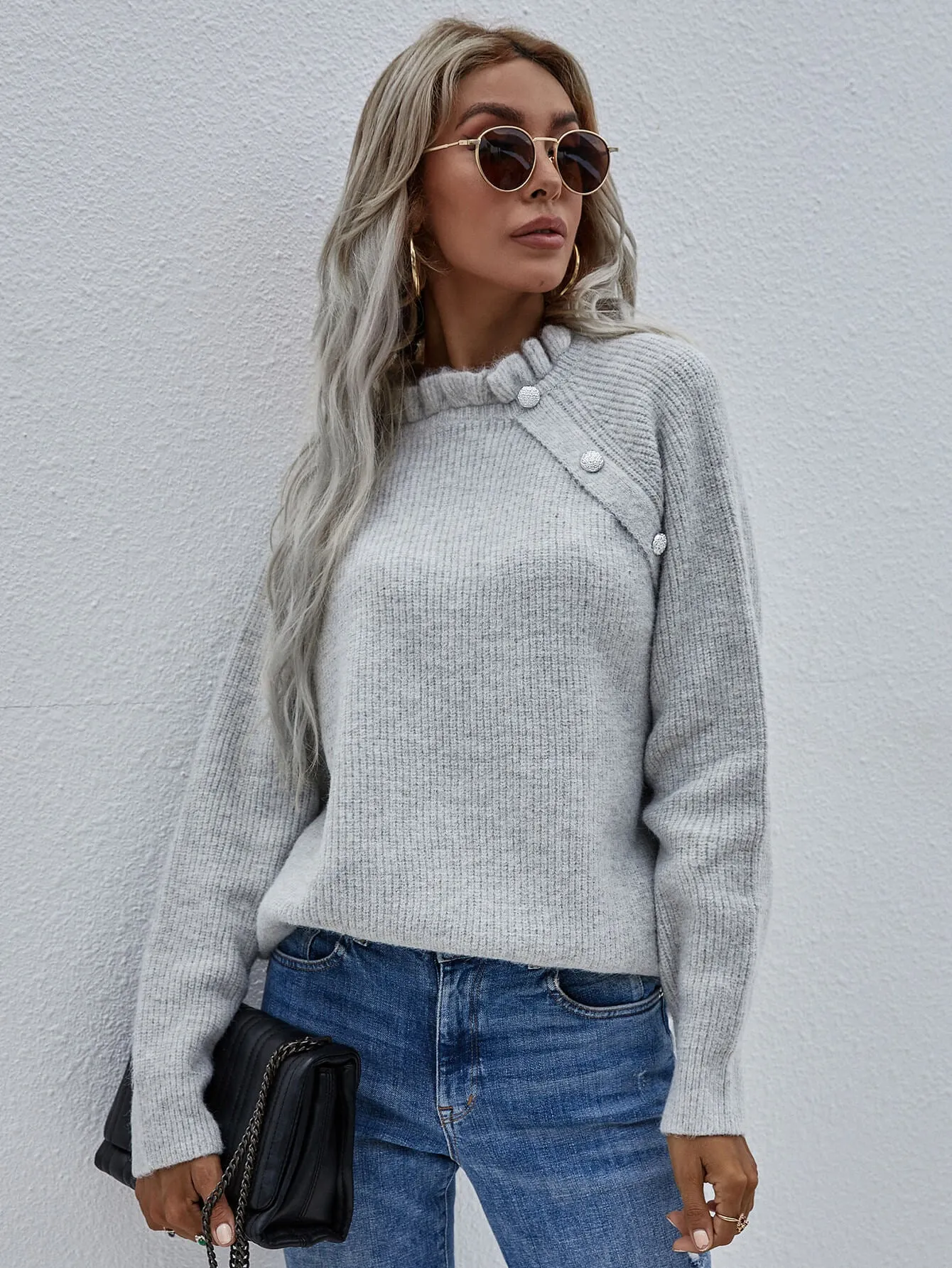 Maxct &Button Detail Frill Neck Rib-Knit Sweater