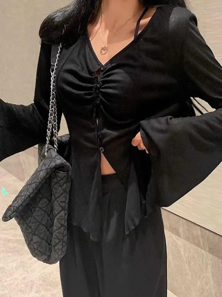Maxct V Neck Split Flare Sleeve Long Sleeve Blouse