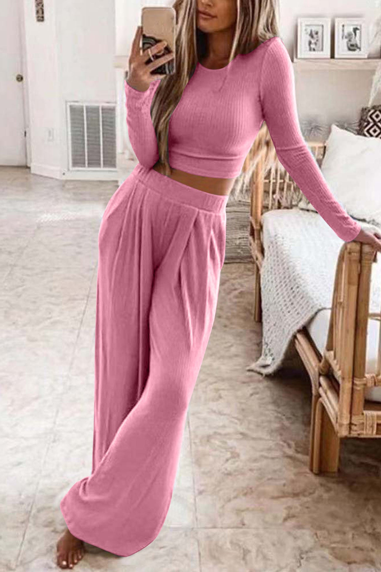 Maxct Solid Color Ribbed Crop Top Long Pants Set