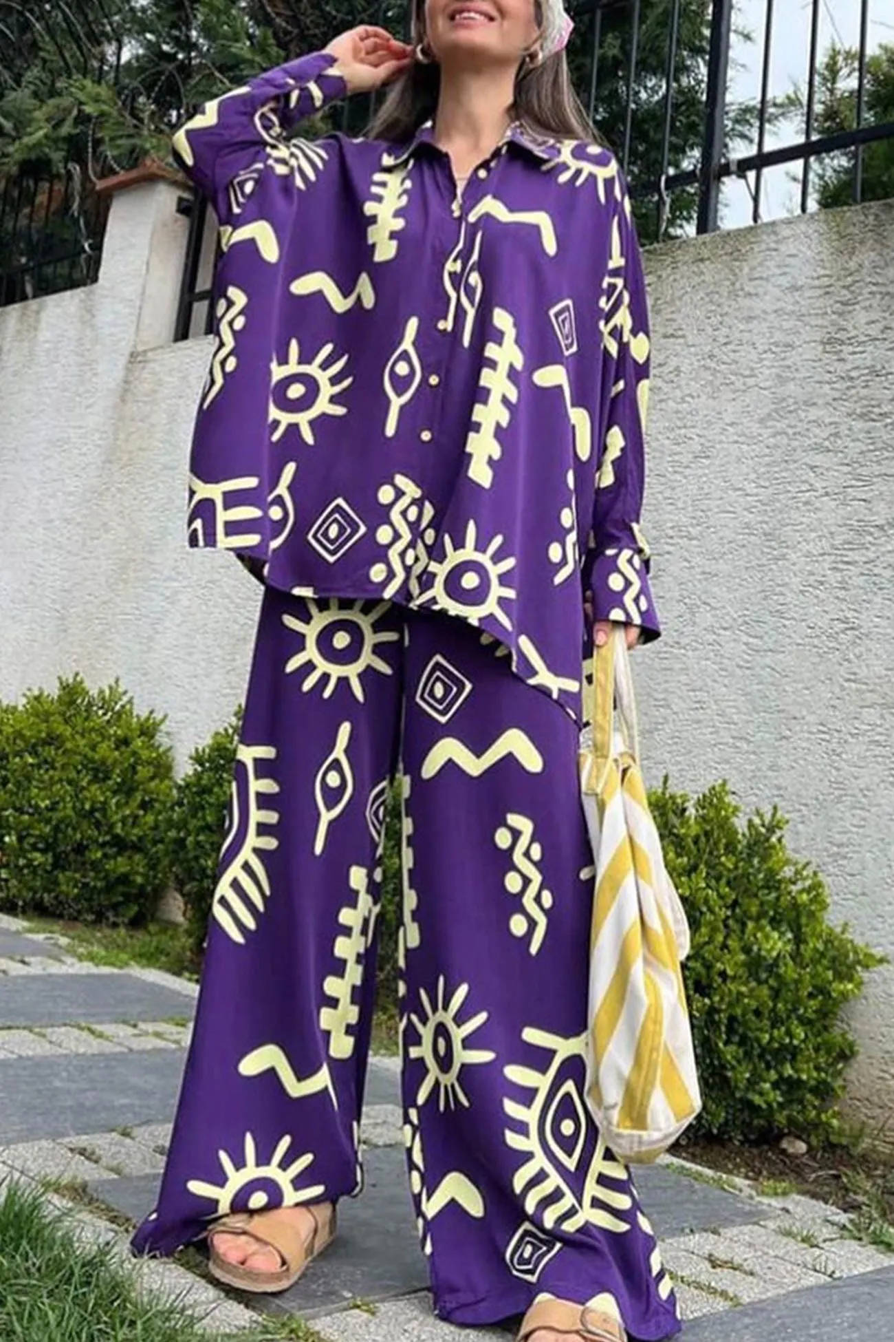 Maxct Printed Bat Sleeve Loose Shirt Suits