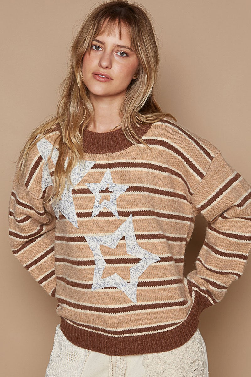 Maxct &POL Star Patch Stripe Round Neck Sweater