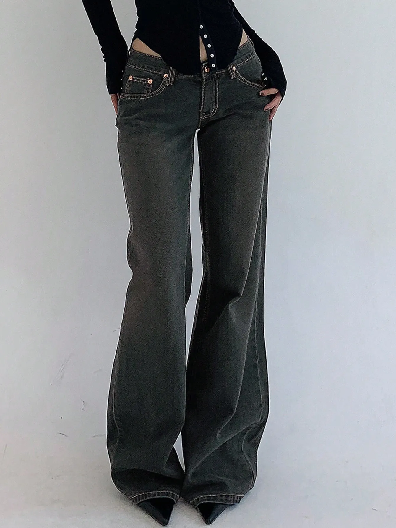 Maxct Women's Fashionable Flared Denim Pants With Pockets