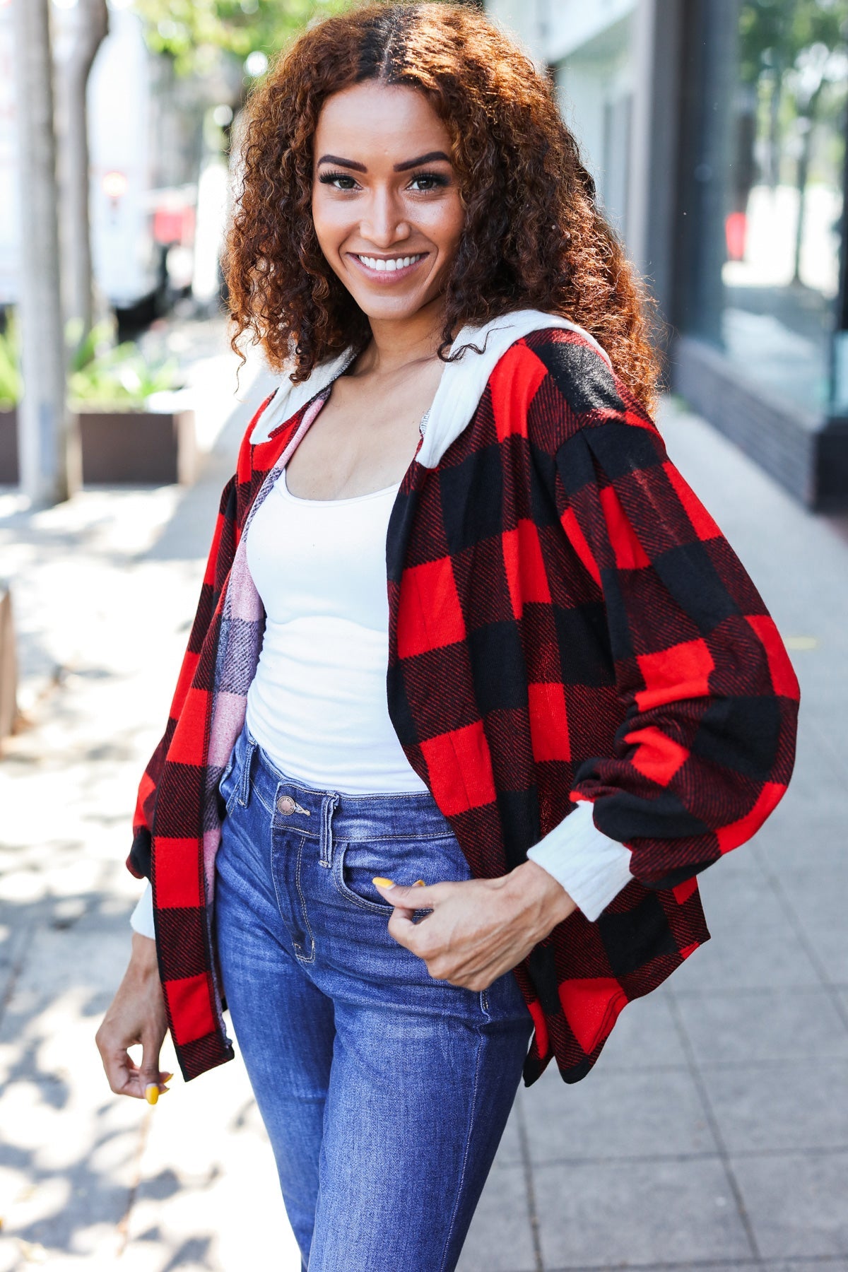 Maxct &Stepping Out Red Buffalo Plaid Ribbed Hooded Sweater