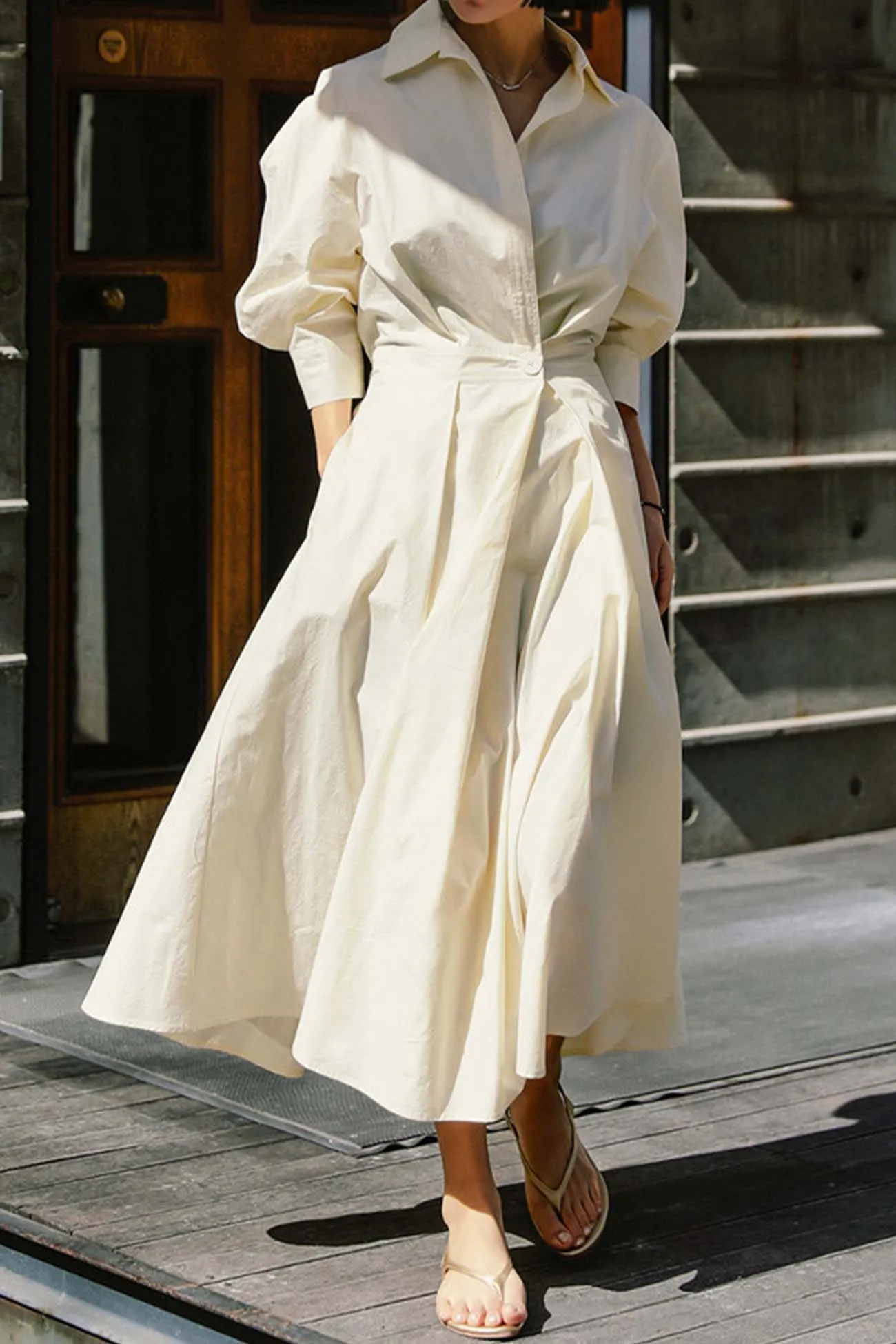 Maxct Cotton Long Sleeve A-Line Shirt Midi Dress