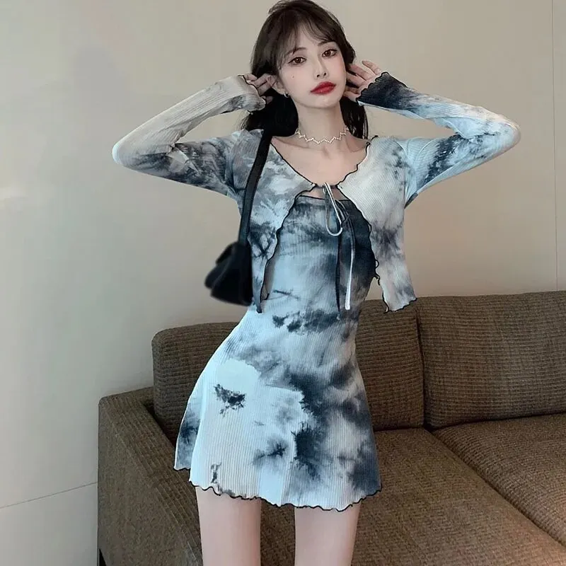 Maxct Set Autumn Tie-dye Design Sense Tube Top Dress Women Fashion Cardigan Top Two-piece Suit