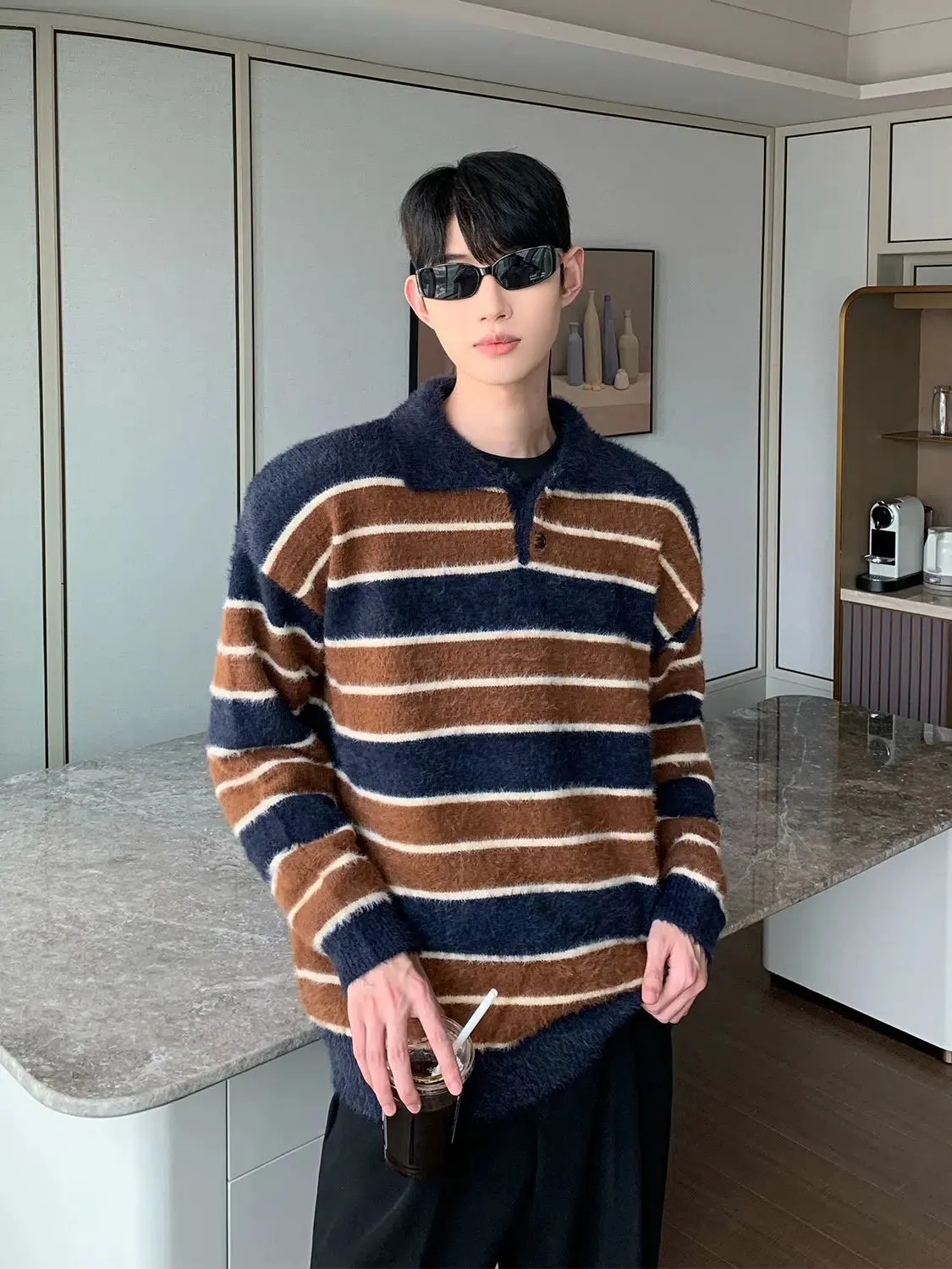 Maxct Faux Mink V-neck Striped Sweater