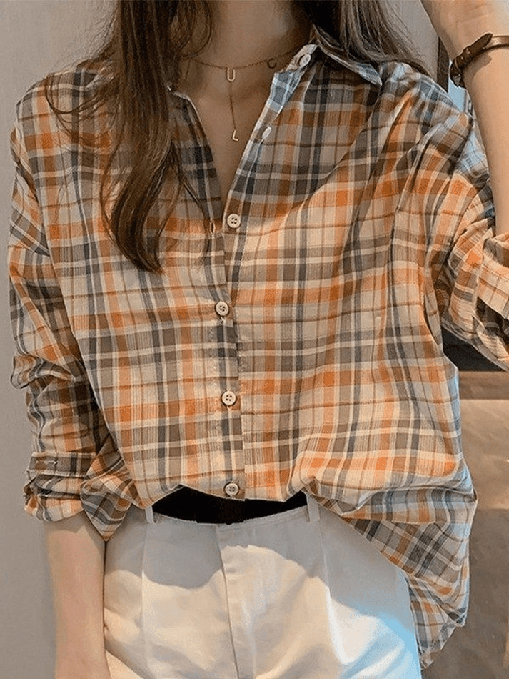 Maxct Vintage Checkered Long Sleeve Button Blouse