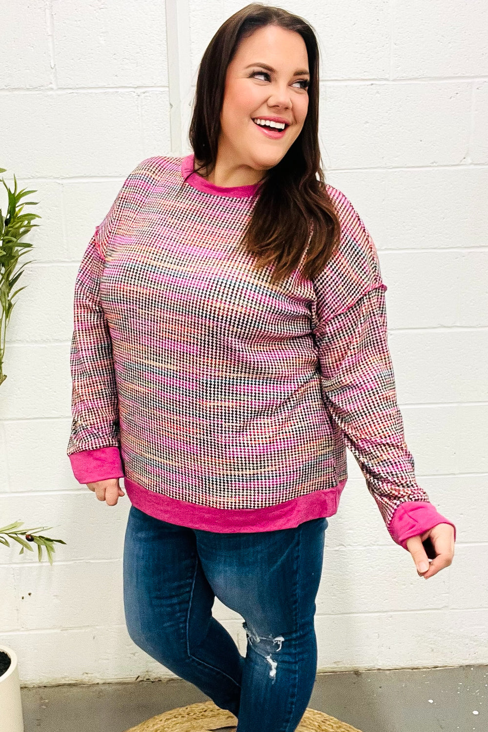 Maxct &Bring Joy Magenta Multicolor Textured Waffle Knit Sweater