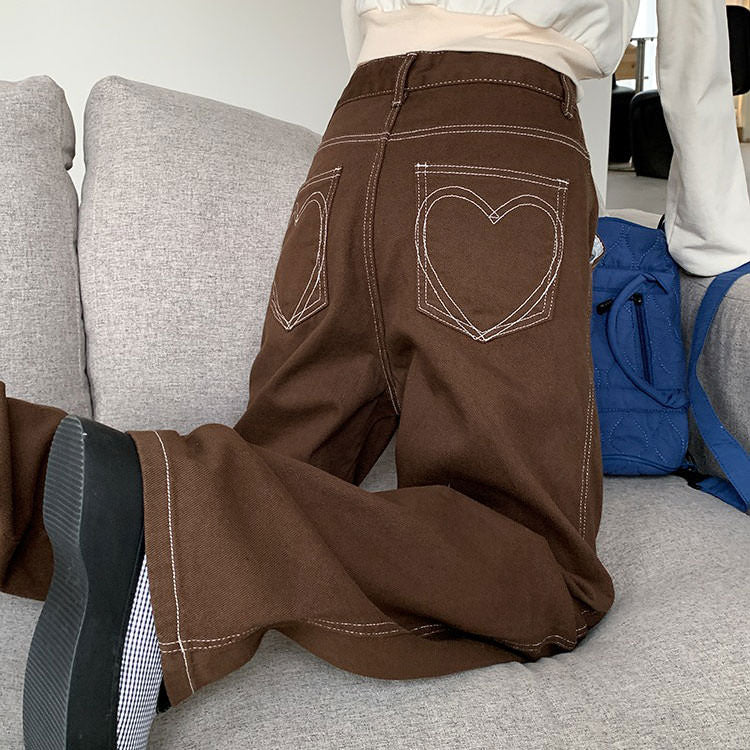 Heart Embroidery Brown Wide Jeans Maxct