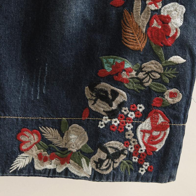 Maxct Women Retro Embroidered Denim Wide-Leg Pants
