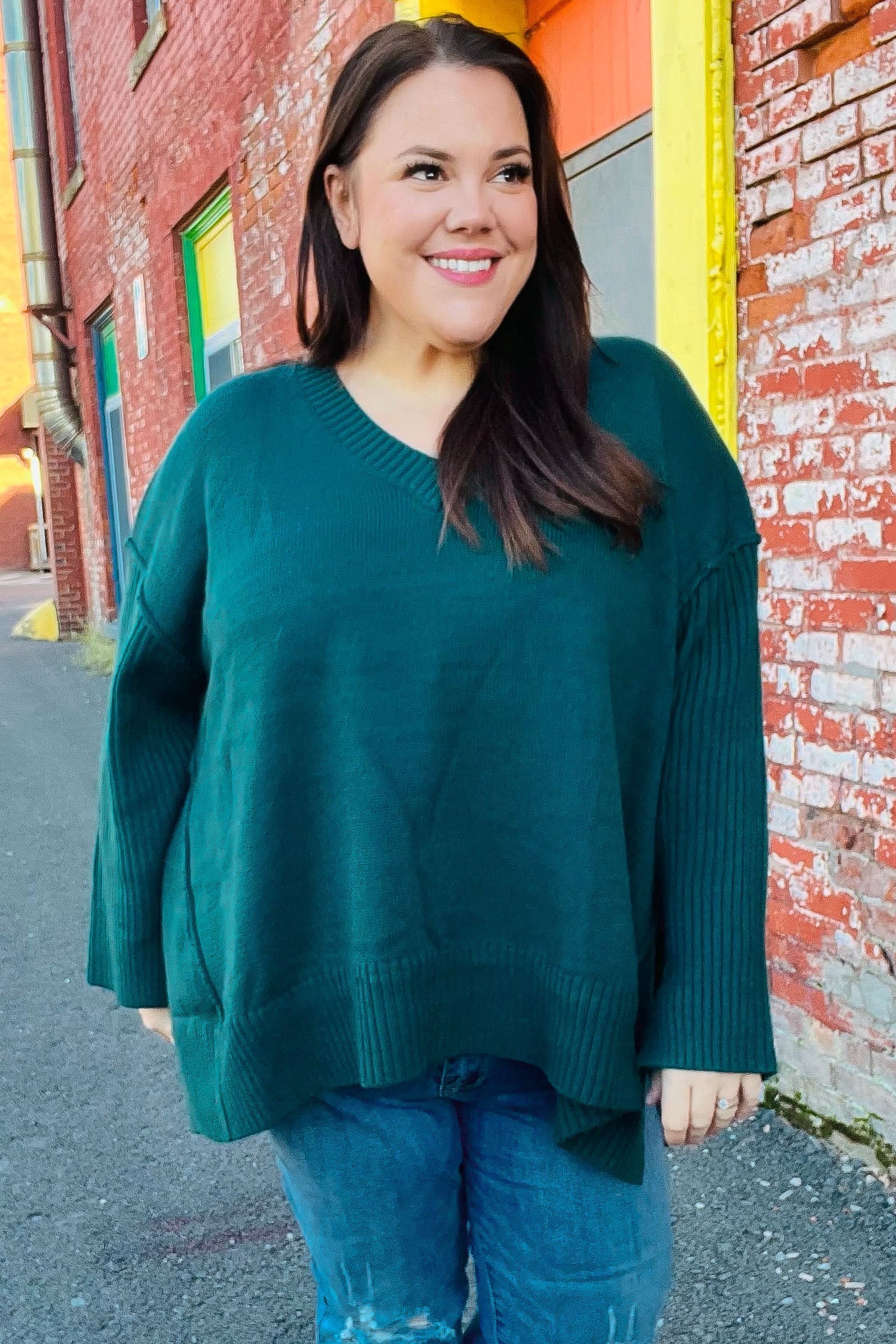 Maxct &Casual Chic Hunter Green Oversized V Neck Rib Knit Sweater