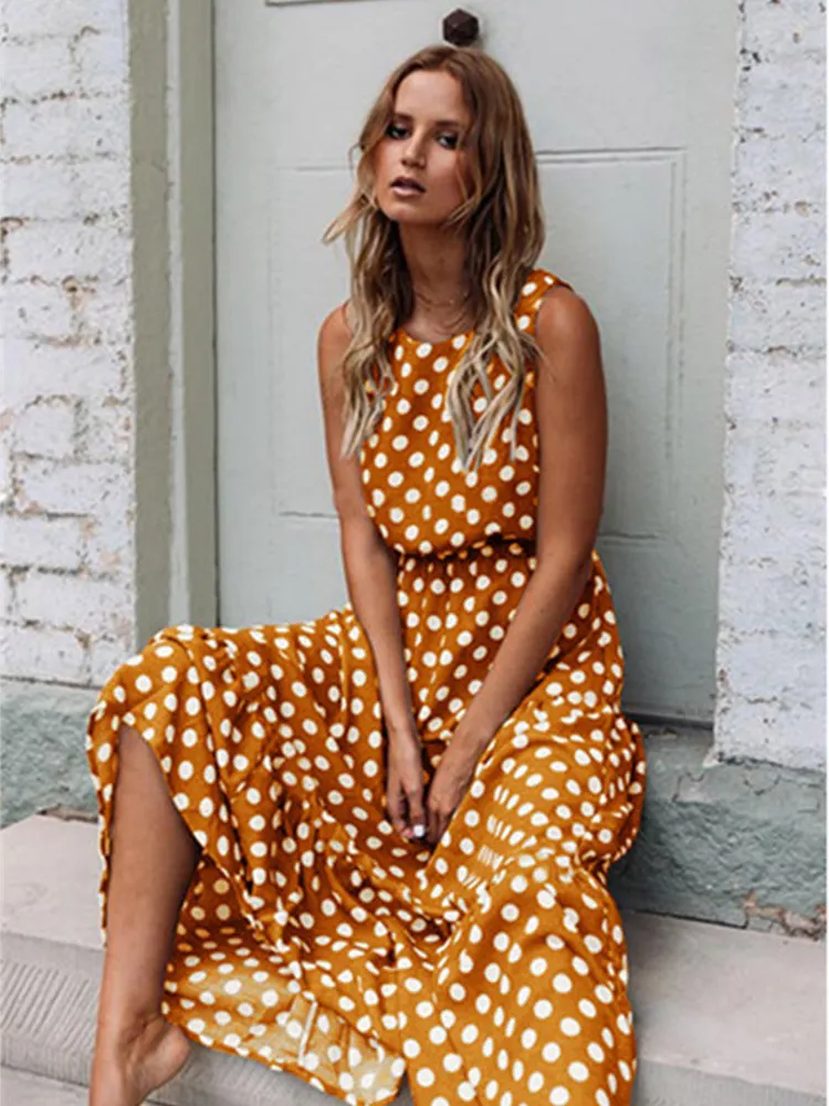 Maxct Sleeveless Polka Dot Print Women Midi Dress Casual Fashion Dresses A-Line Boho Elegant Beach Long Dress Vestidos