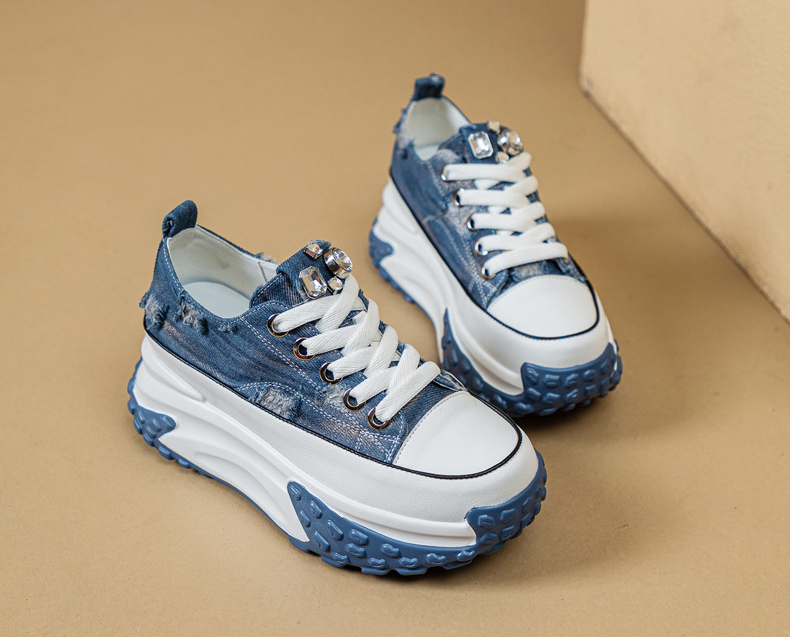 Blinged Out: 6cm Denim Leather Chunky Platform Sneakers - true deals club