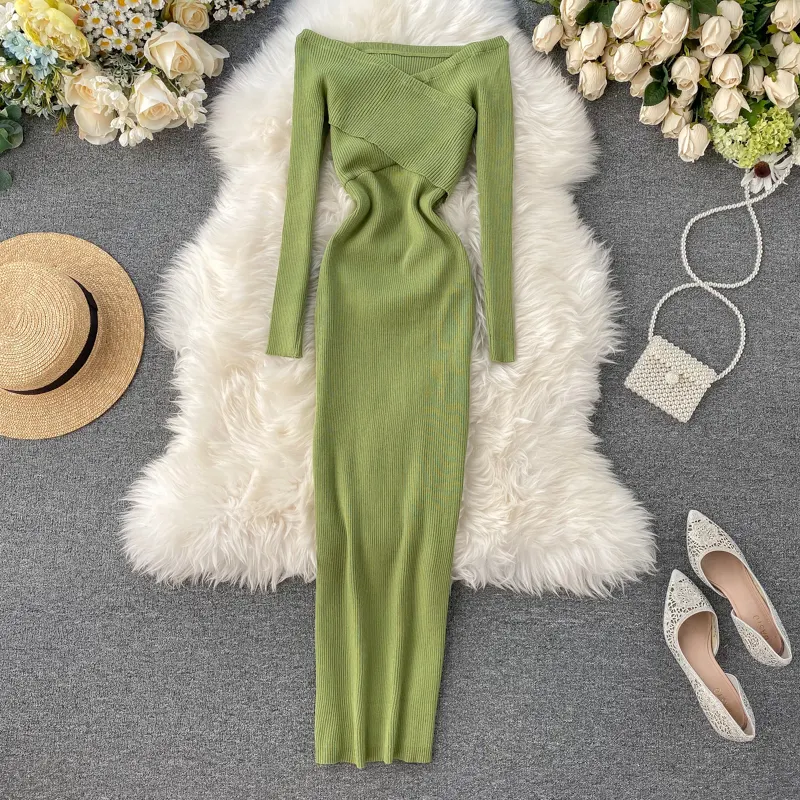 Maxct Slash Neck Knitted Dress Women Sexy Off Shoulder Cross Elastic Warm Dress Autumn Winter Fashion Sweater Bodycon Dress