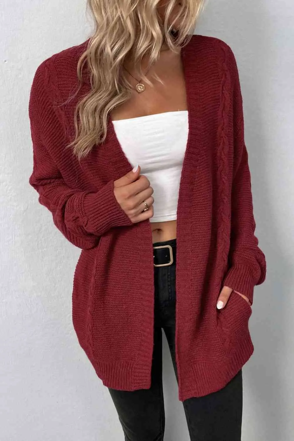 Maxct &Cable-Knit Open Front Cardigan with Pockets