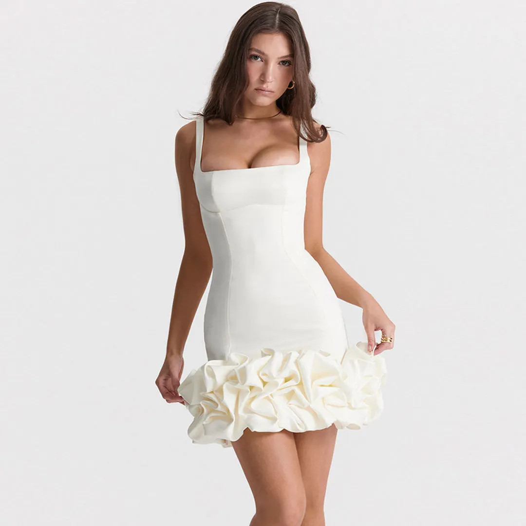 Ruffle Hem Square Neck Sleeveless Bodycon Party Mini Dress - White Maxct