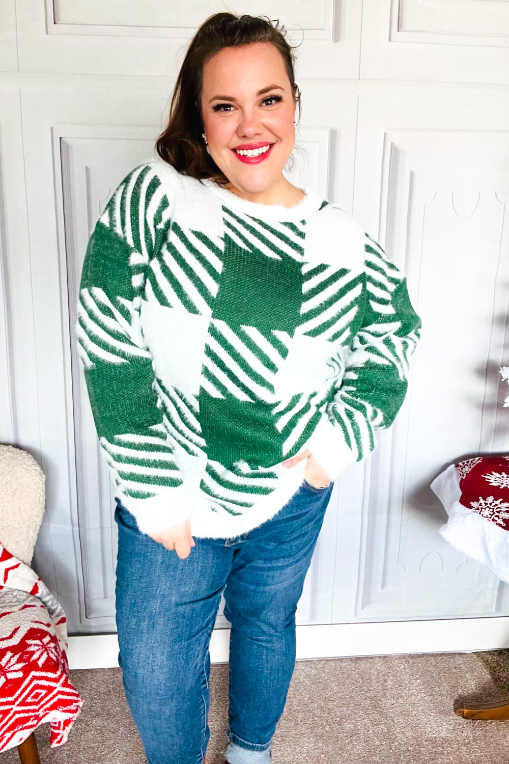 Maxct &Under The Christmas Tree Green Plaid Soft Brushed Hairy Sweater