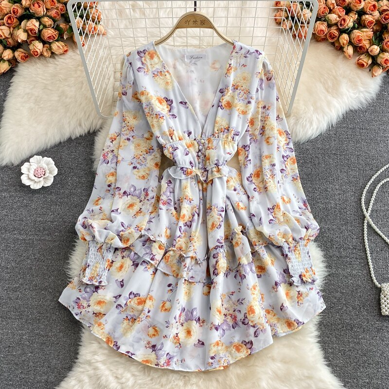Women's Green/Purple/Beige Floral Chiffon Dress Bohemian V-Neck Lantern Long Sleeve High Waist Ruffle Vestidos Female New