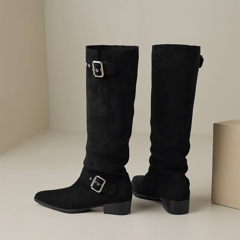 Womens Suede Knee High Boots with Buckles Maxct