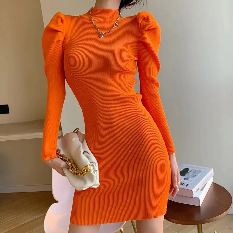 Maxct Women Knitting Full Puff Sleeve Base Sweaters Dresses Girls Slim Turtleneck Mini Sheath Knitwear Dress Real Photos