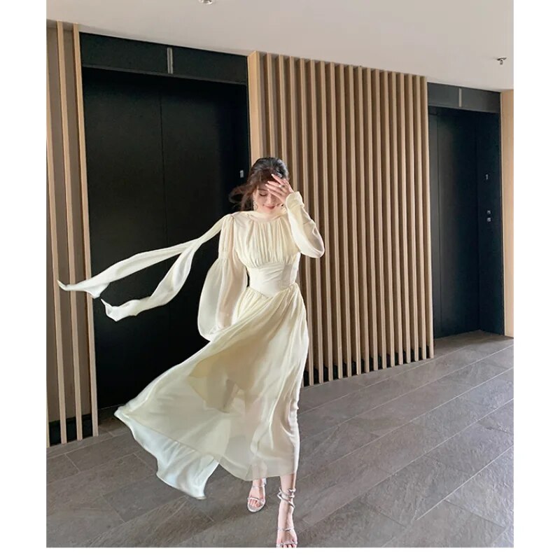 Maxct French Chiffon Midi Dresses for Women Elegant Long Sleeve Slim Ruffle Dress Gentle Fairy Clothes Sweet Puffy Short Dress