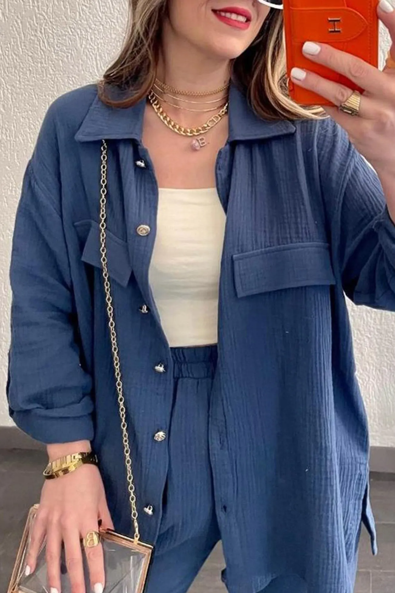 Maxct Long Sleeve Pocketed Slit Shirt Long Pants Suits
