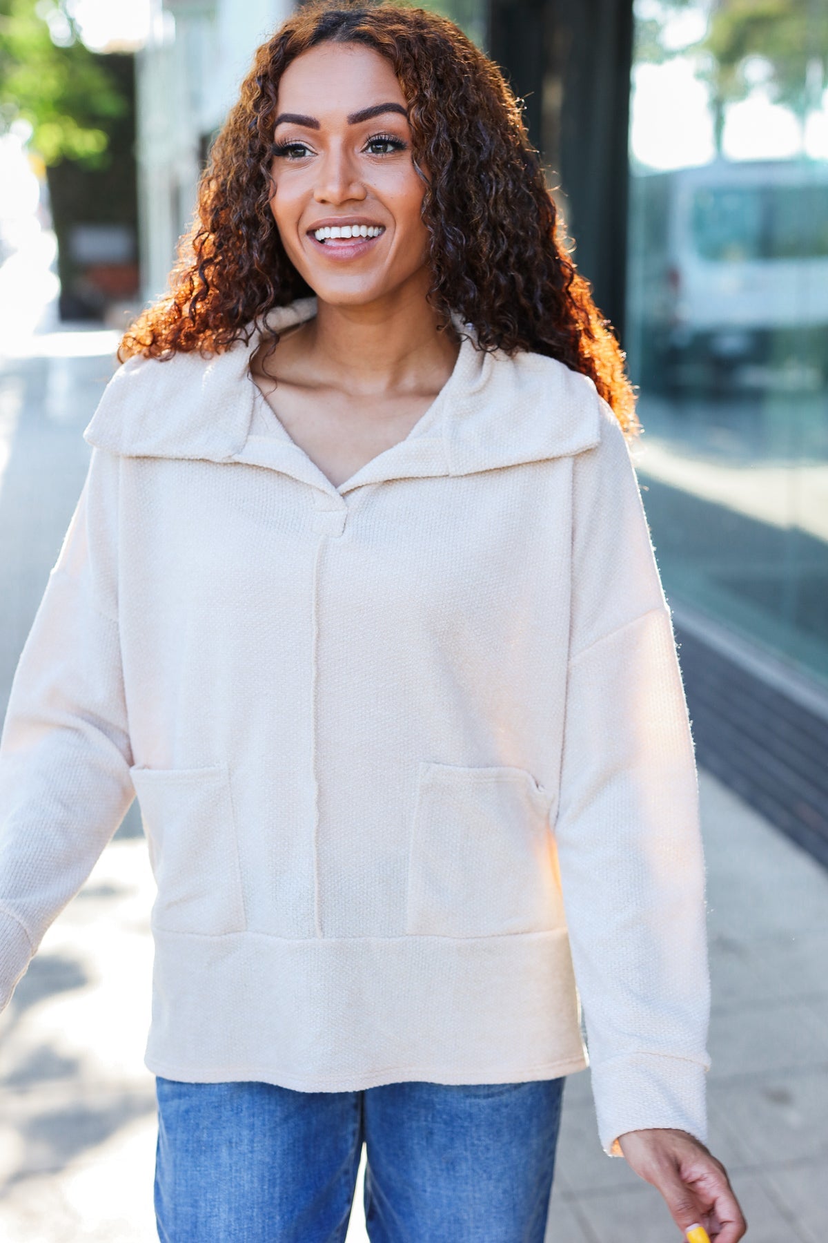 Maxct &Easy Living Oatmeal Textured Knit Notch Neck Oversized Collar Sweater