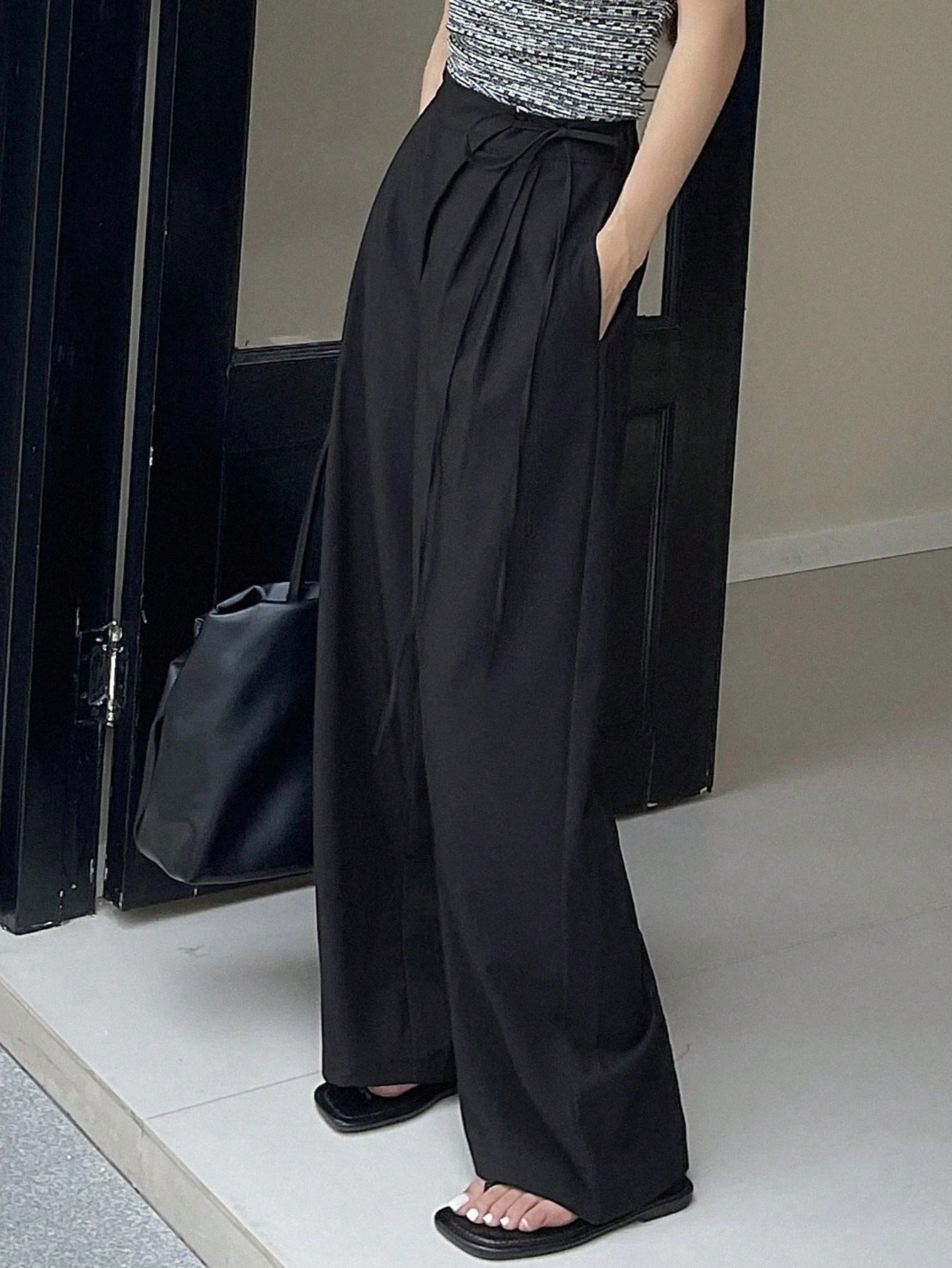 Maxct Solid Color Asymmetric Thin Strap Wide Leg Pants Women's Suit Trousers