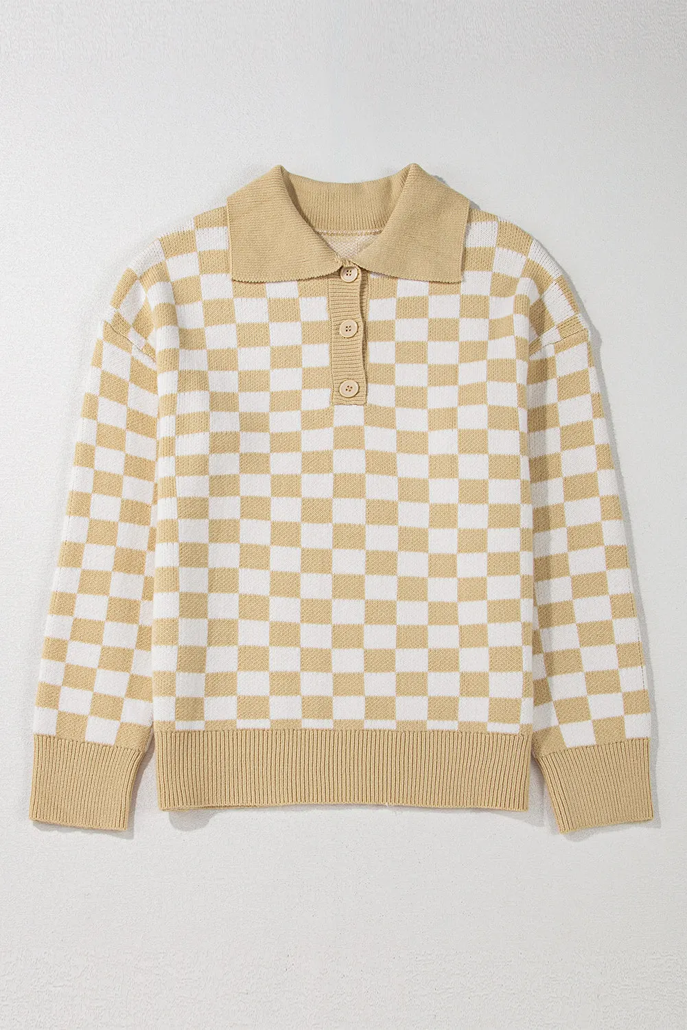 Maxct &Checkered Collared Neck Long Sleeve Sweater