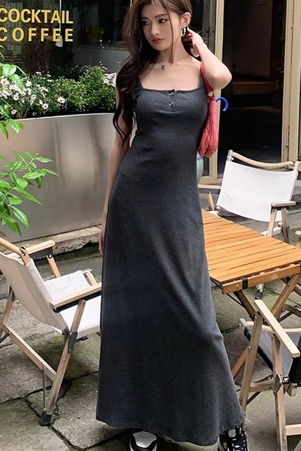 Square Collar Buttons Sleeveless Off Shoulder Long Dress Maxct