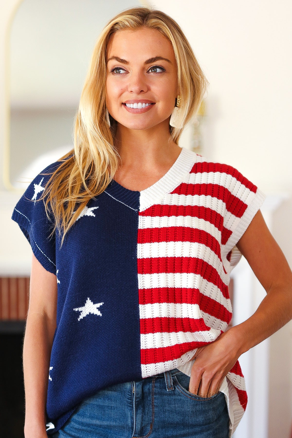 Maxct &Stars & Stripes Americana V Neck Dolman Sweater Top