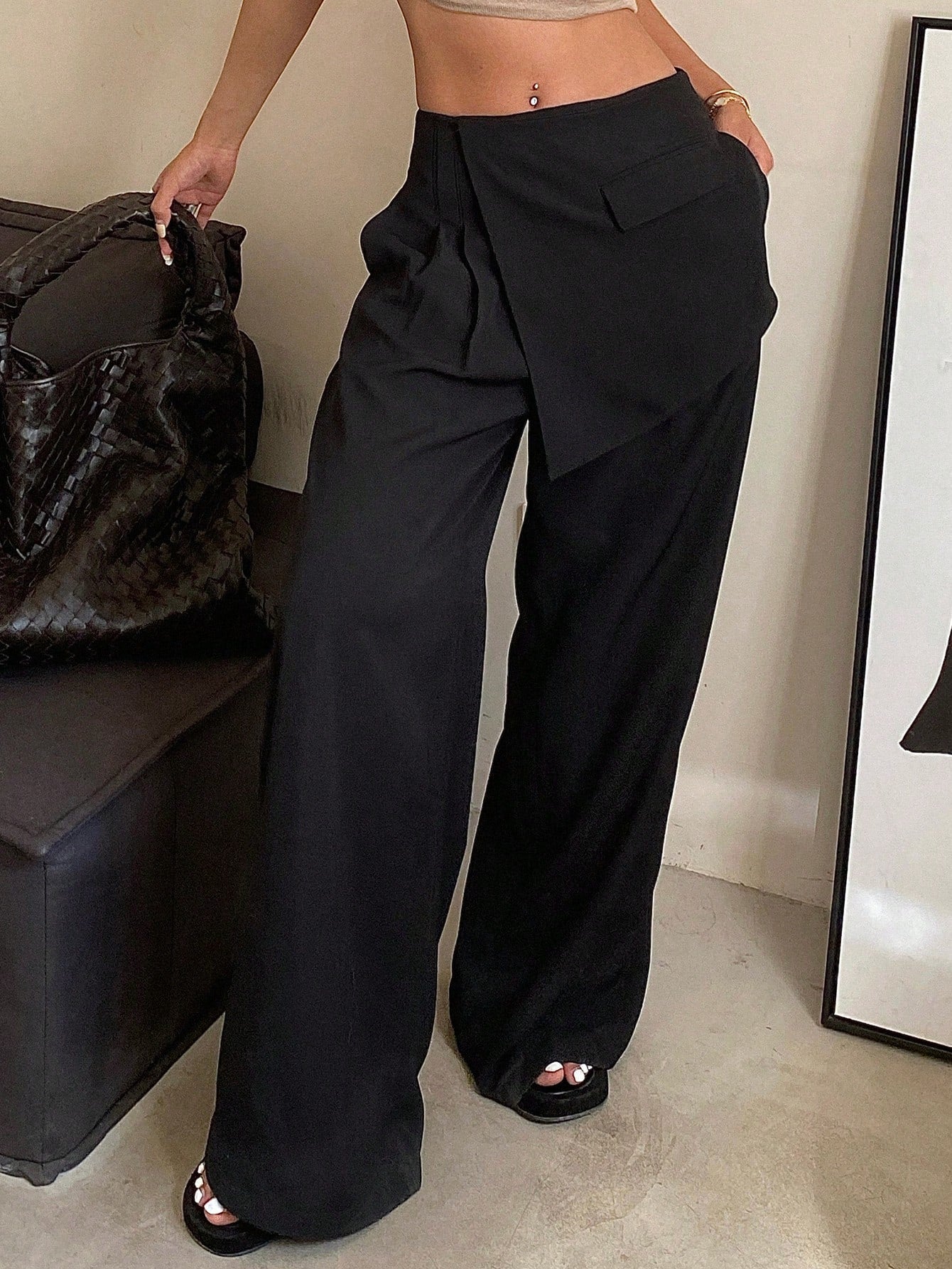 Maxct Solid Color Wide Leg Pants For Women With Loose Fit And Fake Two Piece Design