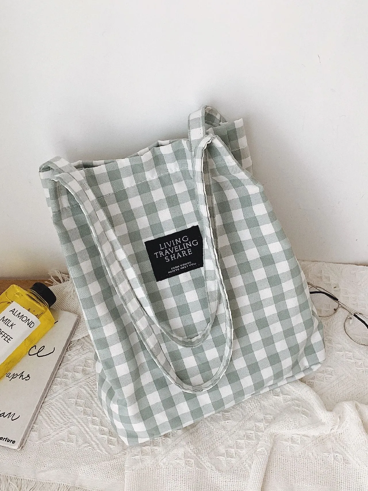 Maxct - Letter Patch Gingham Shopper Bag  - Women Tote Bags