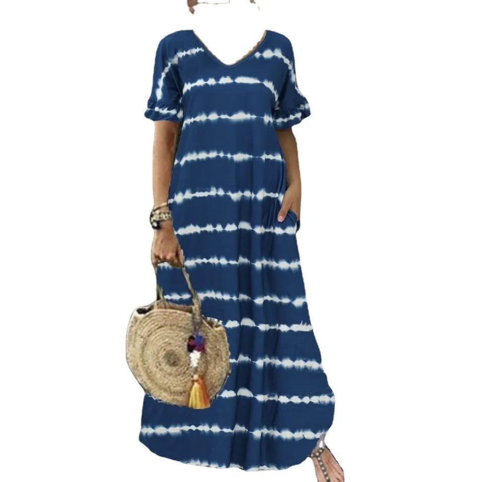 Maxct Maxct Summer Dress Wishv-Neck Lotus Sleeve Striped Print Dress Plus Size Casual Dress